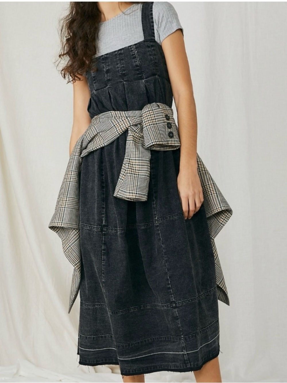 Free People Black Washed Denim Pinafore Dress